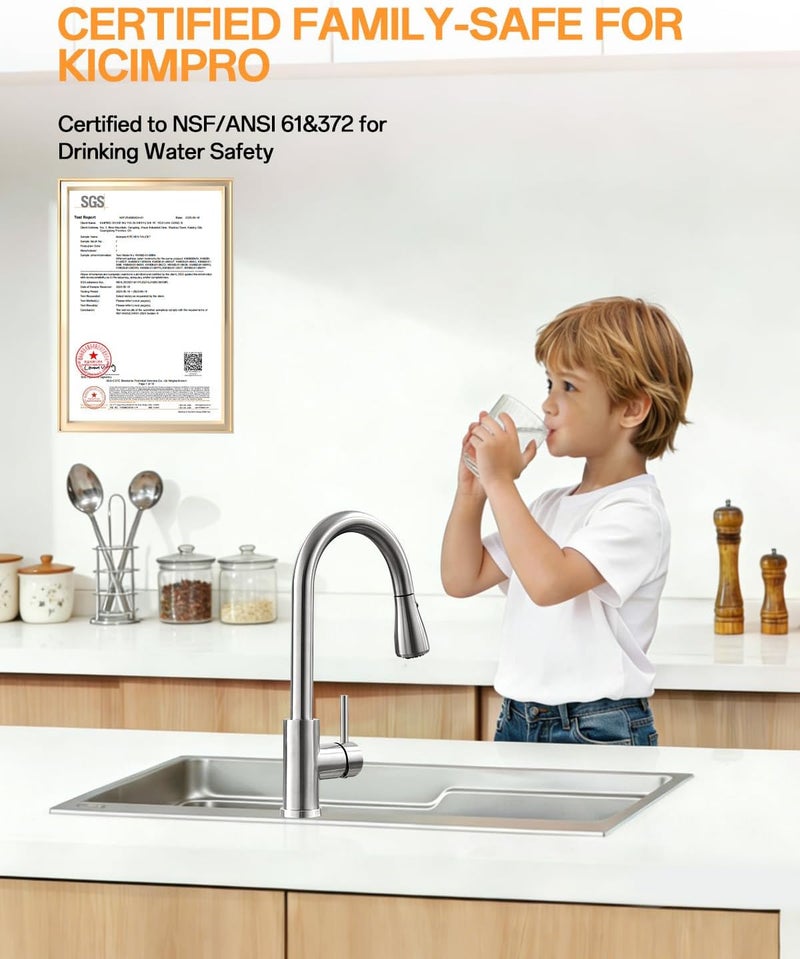 kicimpro Kitchen Faucet with Pull Down Sprayer, Zero Leakage 3 Hole Brushed Nickel RV Kitchen Sink Faucet with Water Line, NSF Certified Lead-Free 304 Stainless Steel Pull Down Kitchen Faucet Seats - Image 2